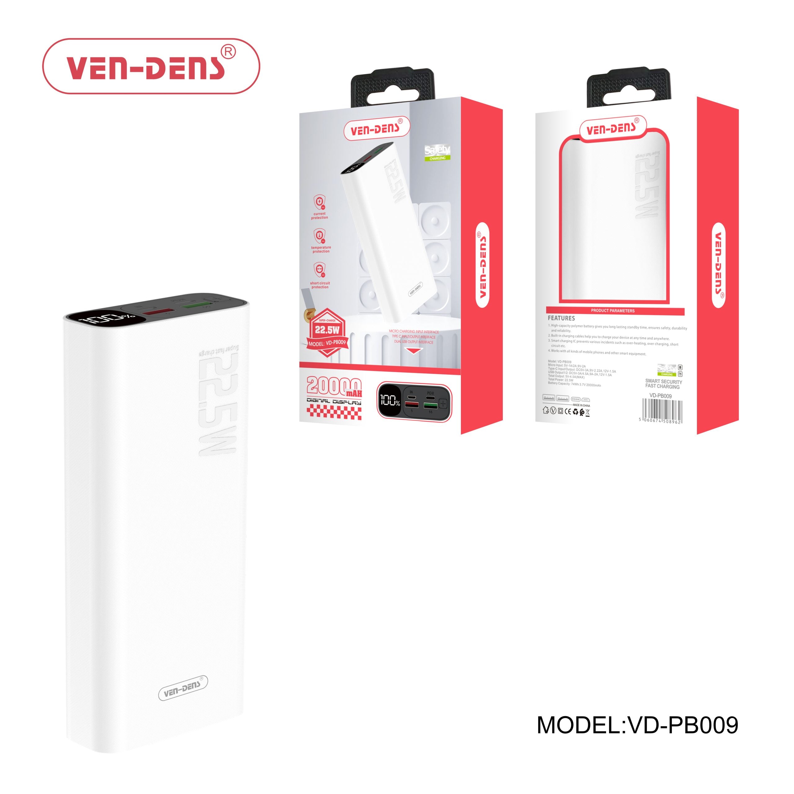 Ven-Dens VD-PB017 Power Bank 20000mAh Portable Charger 22.5W Dual Port USB & USB C Power Bank